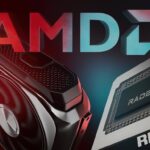 Close-up of an AMD Radeon graphics card with RDNA 5 logo and dual-fan cooler, lit in red and blue.