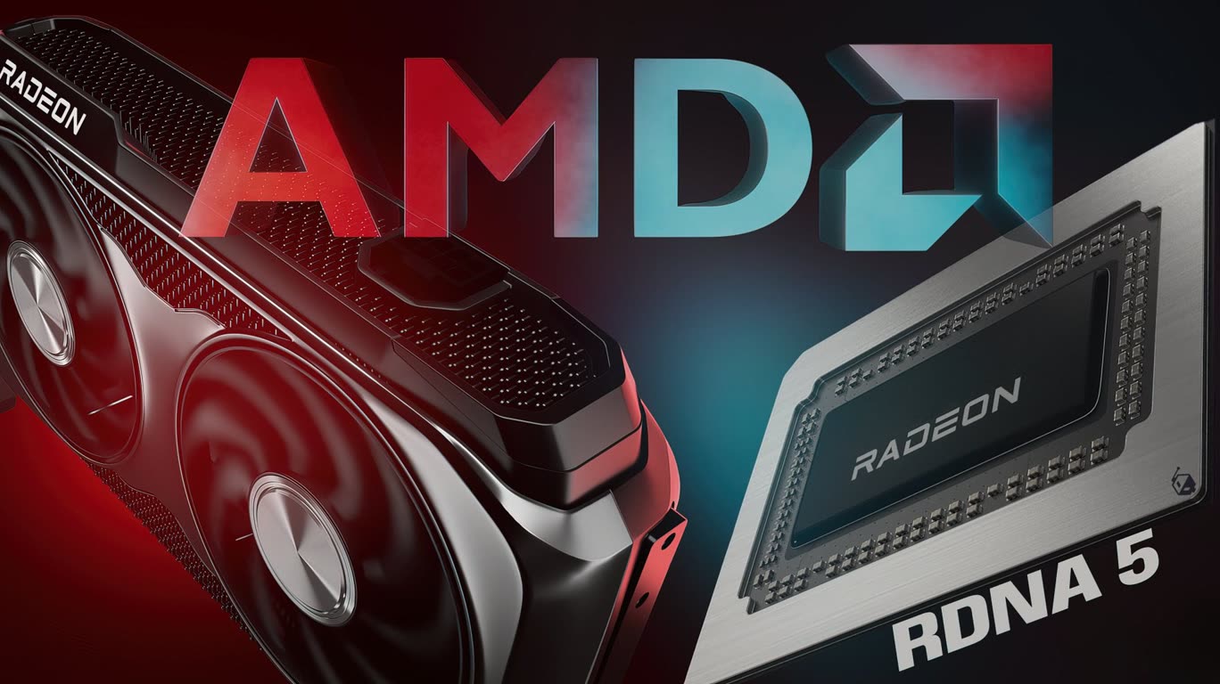 Close-up of an AMD Radeon graphics card with RDNA 5 logo and dual-fan cooler, lit in red and blue.