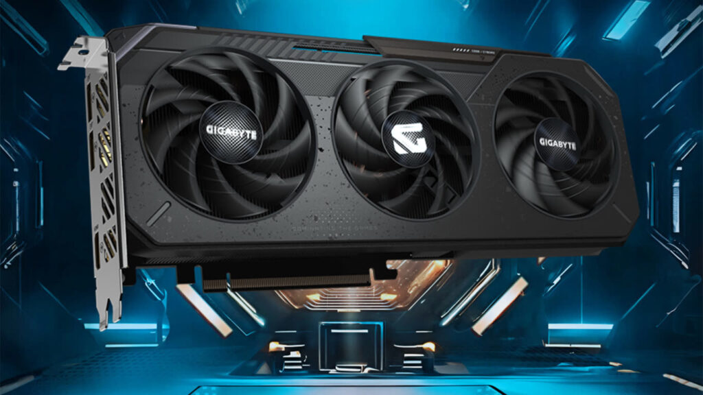 Triple-fan Gigabyte graphics card floating in a futuristic blue-lit environment, showcasing its cooling hardware and design in a sci-fi setting.