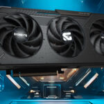 Triple-fan Gigabyte graphics card floating in a futuristic blue-lit environment, showcasing its cooling hardware and design in a sci-fi setting.