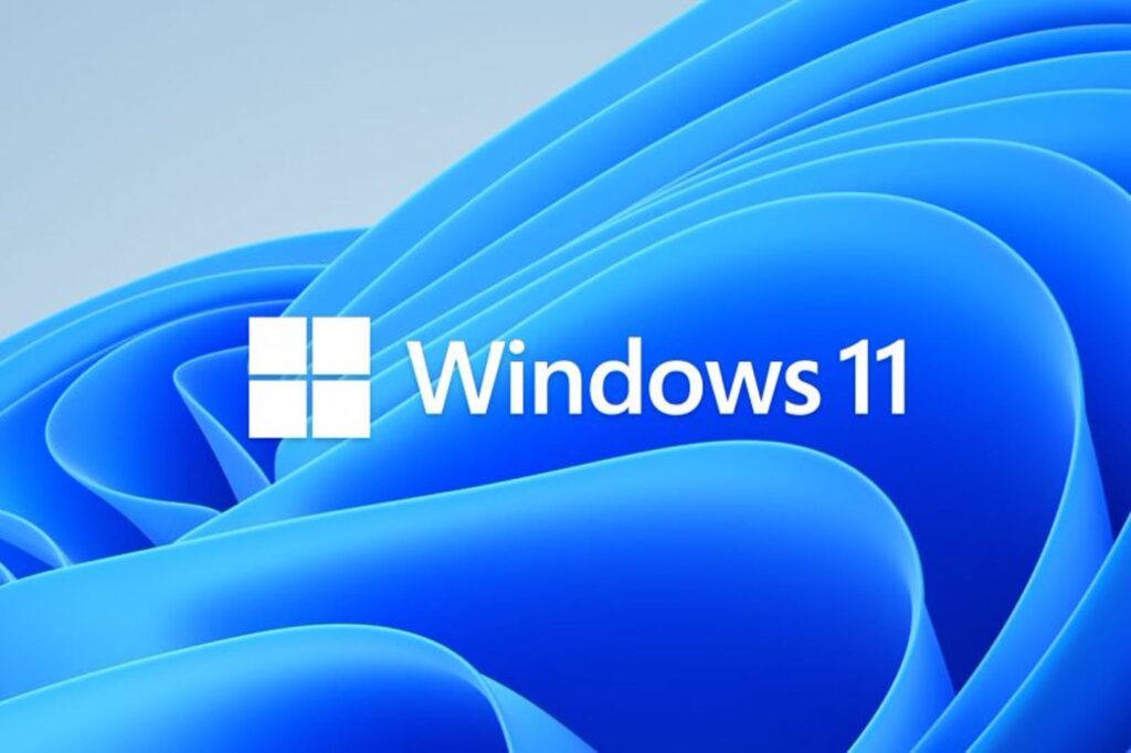 Windows 11 logo with text on an abstract blue background of curved shapes and gradients.